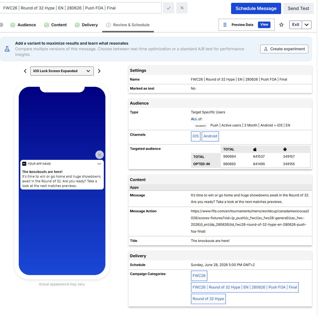 Push notification campaign builder showing FWC26 Round of 32 Hype targeted to 990,650 opted-in users across iOS and Android